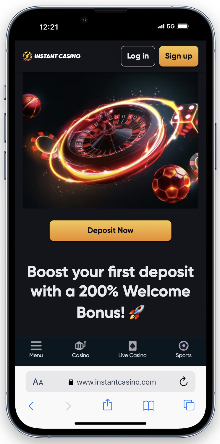 Screenshot des Instant Casino Willkommensbonus-Angebots im Spielerkonto mit Hinweis auf Umsatzbedingungen