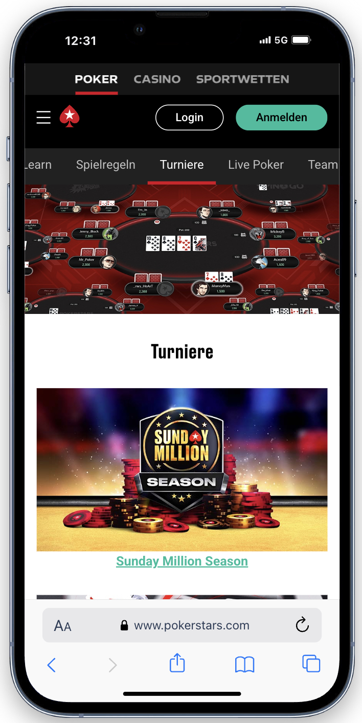 Interfaz del PokerStars Casino mostrando torneos