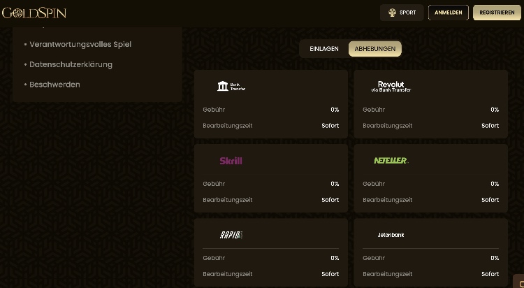 goldspin bonus-gewinne abheben