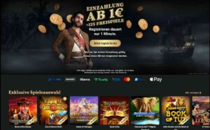 Website des JackpotPiraten Casino mit Freispielen, Spielautomaten und mehreren Zahlungsmethoden.