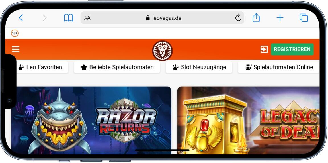 LeoVegas Online Casino Seite Mobilansicht.