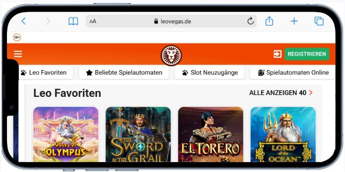 LeoVegas Casino Spieleauswahl auf einem Smartphone.