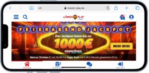 Löwen Play Casino App mit Jackpot am Feierabend auf einem Mobilgerät.