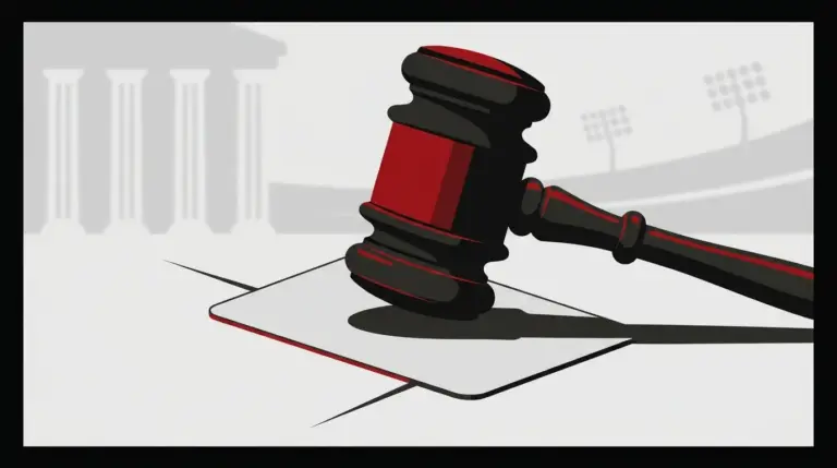 Gavel pressing on an unmarked sports contract card against a courthouse and stadium backdrop