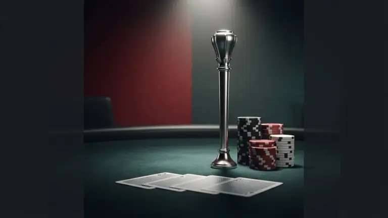 Pokertrophäe und Chips auf einem dunklen Tisch symbolisieren Uharceks ersten Turniersieg in Rozvadov.