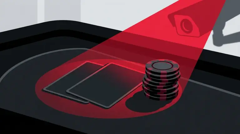 Dunkle Pokerchips und verdeckte Karten unter rotem Sicherheitslicht als Symbol für einen Online-Poker-Skandal