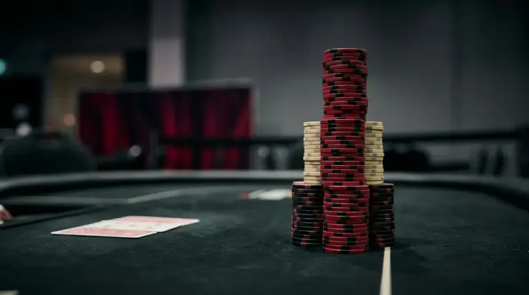 Stapel roter und schwarzer Pokerchips auf einem dunklen Turniertisch als Symbol für den Einzug in Tag 2.