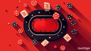 Joueur de blackjack annonçant « double » face à un croupier montrant un 6, mise doublée en jetons sur la table verte.
