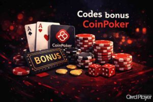 Codes bonus CoinPoker sur fond sombre rouge et noir, avec jetons de casino, cartes, ticket bonus et logo CoinPoker.