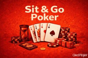 Visuel Sit & Go Poker rouge avec piles de jetons et cartes, format illustration, titre “Sit & Go Poker” sur fond texturé.