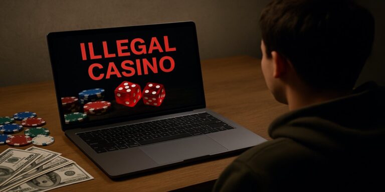 man speelt bij illegaal online casino op laptop