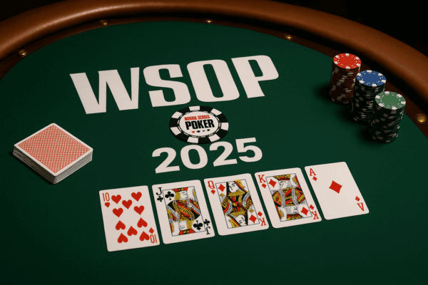 Pokertafel met WSOP 2025 logo, pokerchips en pokerkaarten