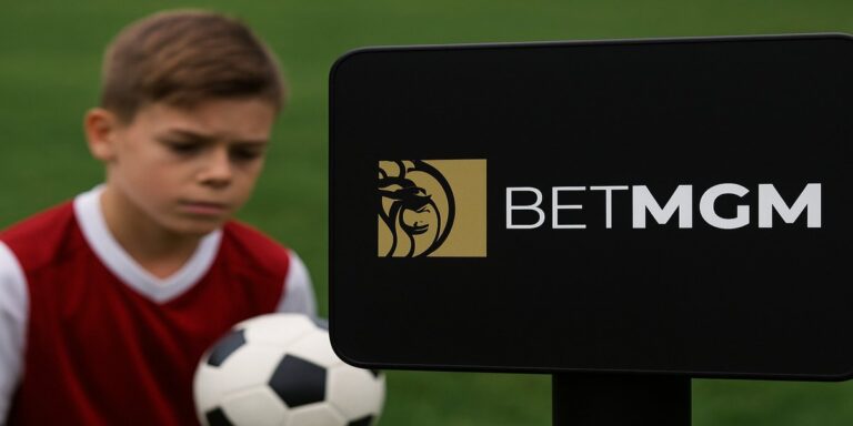 jonge voetballer naast computerscherm met BetMGM logo