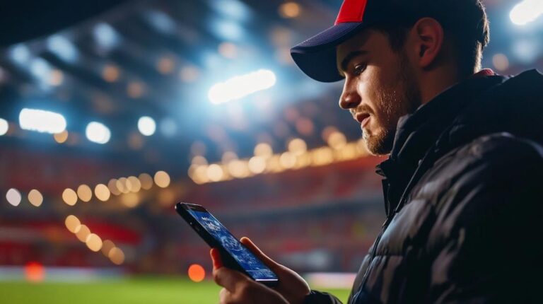 man in stadion checkt livescore app