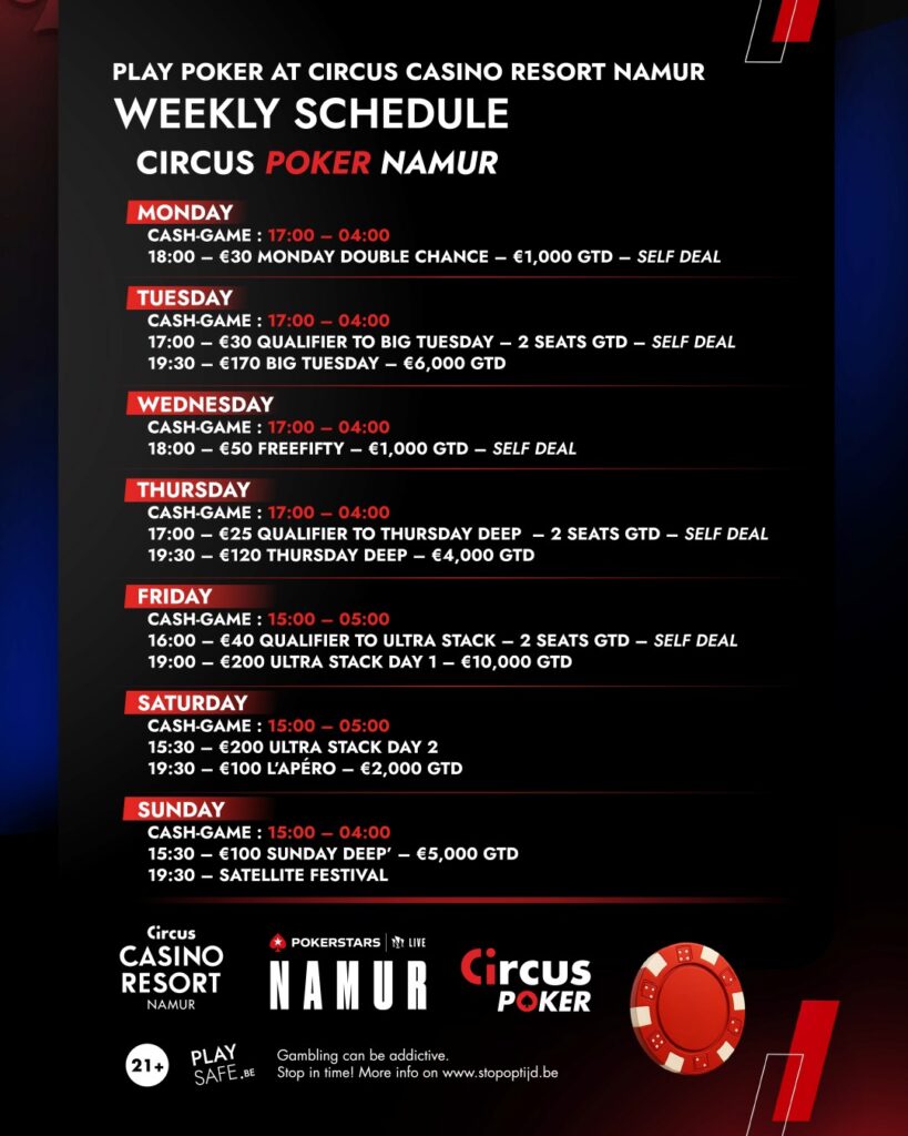 Een typische weekschema bij Circus Poker Namur