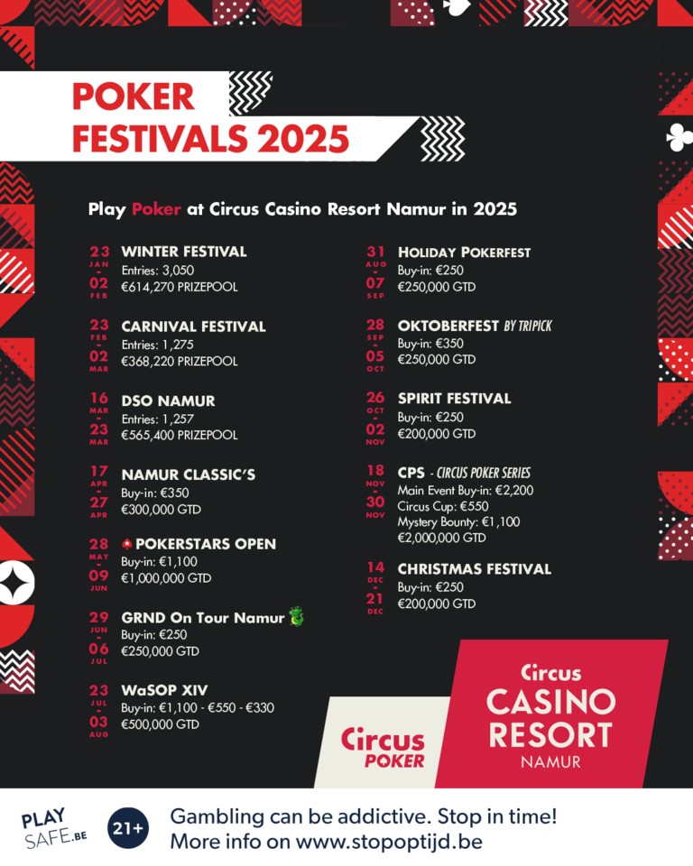 Pokerfestivals in 2025 bij Circus Casino Resort Namur