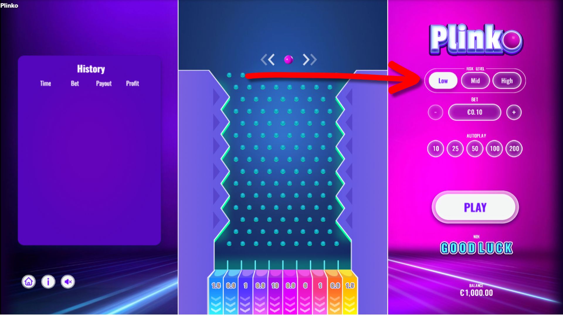 Plinko casino spel risk level instellen