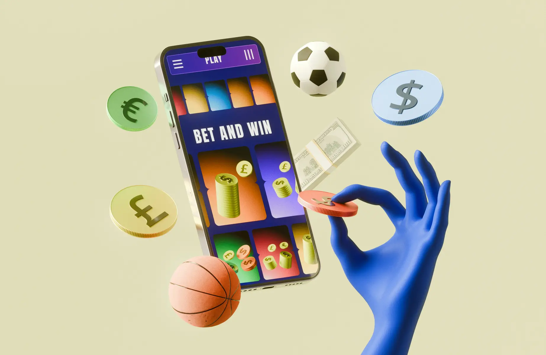 Een blauwe 3D-hand die een munt in een smartphone plaatst, omringd door sportballen en munten.