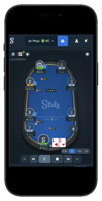 Capture d écran de l interface Stake Poker sur mobile montrant la table de jeu et les options de mise