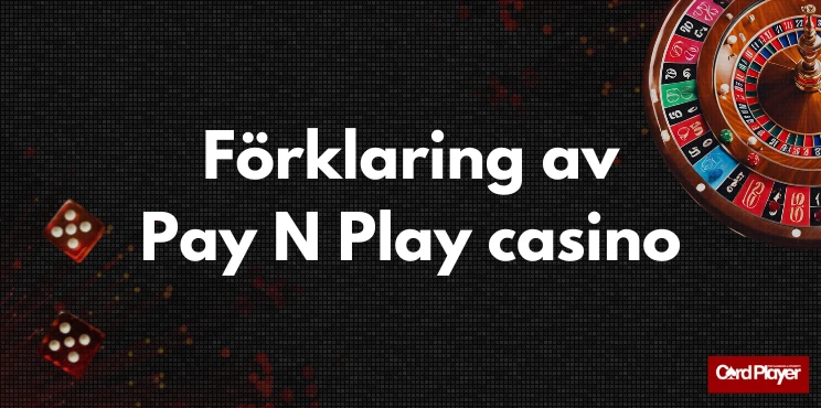 Text som säger förklaring av Pay N Play casino mot en mörk bakgrund med tärningar och ett rouletthjul i bakgrunden.
