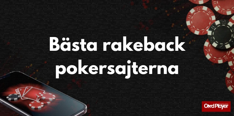 Mobil med pokerchips och spelkort på skärmen samt texten bästa rakeback pokersajterna.