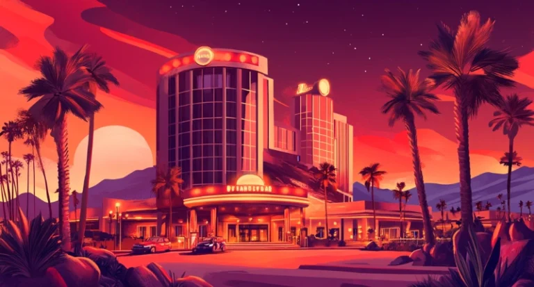 Illustration av ett exklusivt casinohotell med palmer och lyxiga bilar.