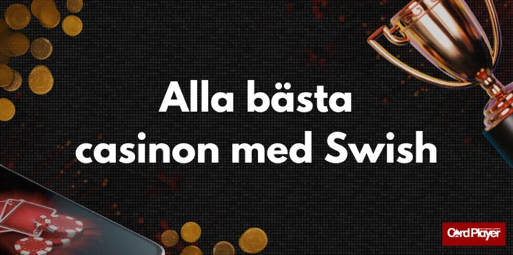 All bästa casinon med Swish brevid pokal, mynt och casino i mobil.