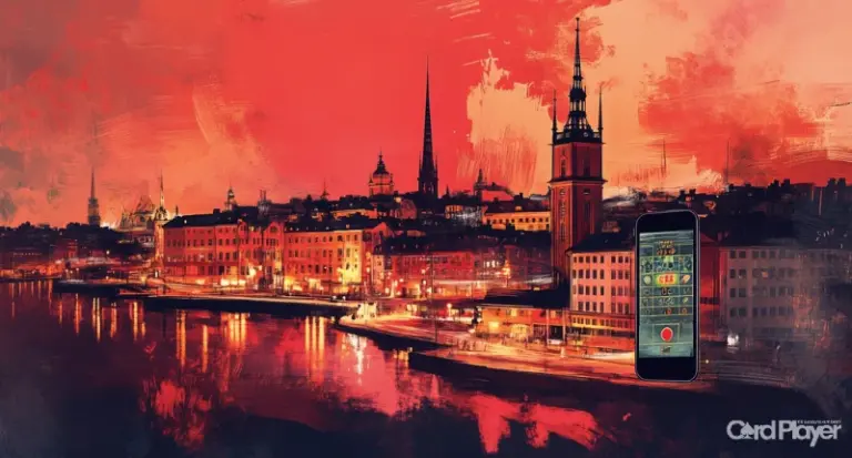 Illustration av Stockholm med ett casino i mobilen framför.