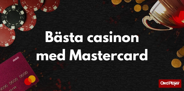 Bästa casinon med Mastercard brevid pokal, mynt och Mastercard-kort.