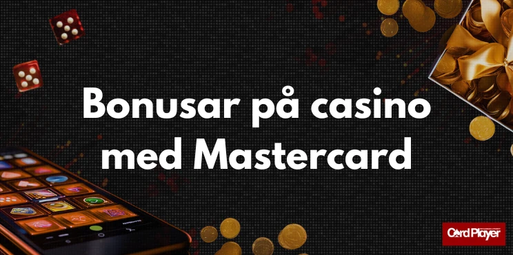 Bonusar på casino med Mastercard brevid mobil och presentask med guldmynt.