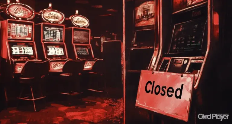 Stängskylt som hänger på en spelautomat som symbol för att Dunder Casino stänger.