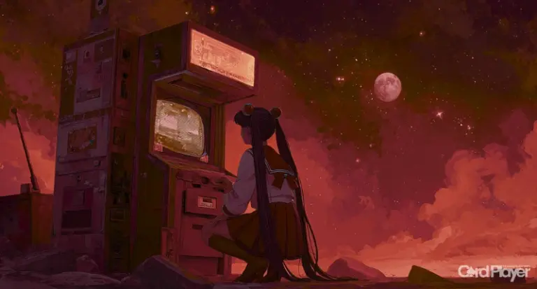 Illustration av en kvinna vid slotmaskin i månljuset som symbol för Moon Princess Stargazing slot.