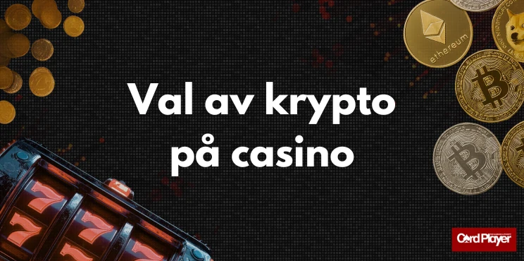 Val av krypto på casino brevid olika kryptovalutor och en slotmaskin.