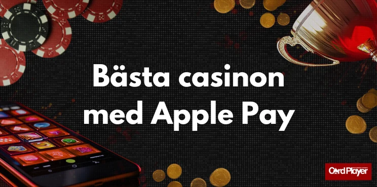 Bästa casinon med Apple Pay brevid spelmarker, trofe och mobil.
