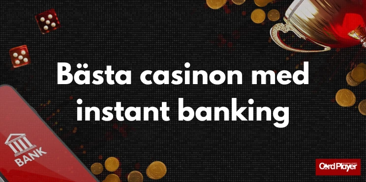 Bästa casinon med instant banking brevid mobil med banklogo och en pokal.