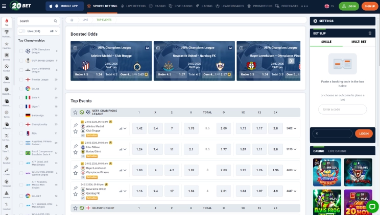 20bet sportsbook skärmbild