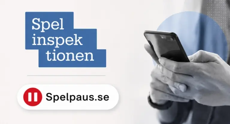 Spelinspektionens logotyp tillsammans med Spelpaus.se och en person som håller i en mobiltelefon.