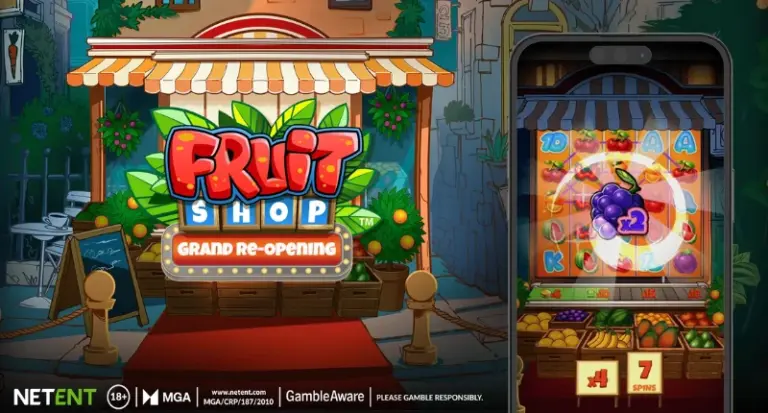 Lanseringsbild för NetEnts Fruit Shop Grand Re-Opening med spelautomaten och den nya designen.
