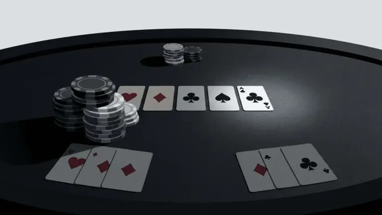 Dramatisk illustration av den avgörande PLO-potten med klöverflush och pokerchip på ett mörkt bord