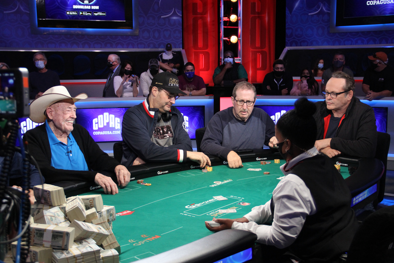 WSOP Master of Ceremonies Vince Vaughn plays a sit'n'go with Doyle Brunson, Phil Hellmuth and Norman Chad during the 2021 WSOP WSOP Master of Ceremonies Vince Vaughn plays a sit'n'go with Doyle Brunson, Phil Hellmuth and Norman Chad during the 2021 WSOP