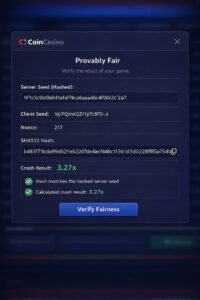 Provably fair verification screen displaying server seed hash, client seed, nonce, and verified game result