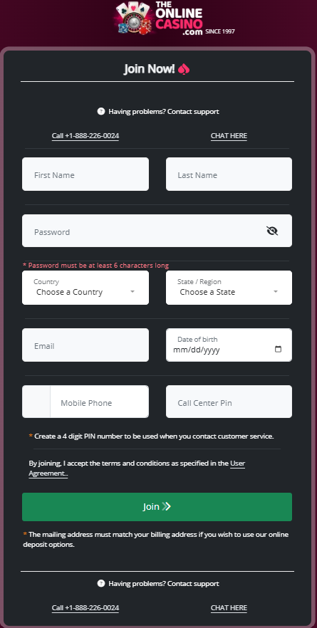 the online casino sign up