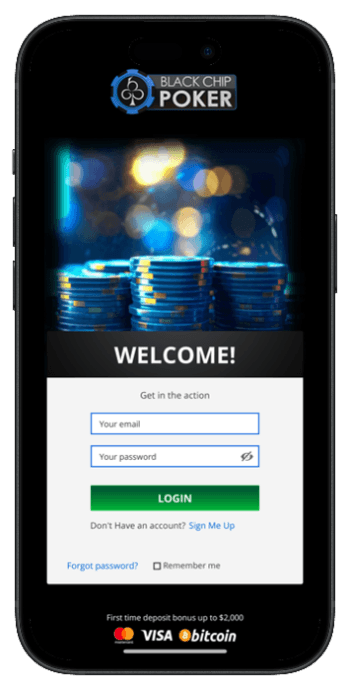 BCPoker app login screen