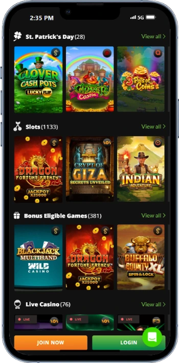 game categories available in the Wild Casino app