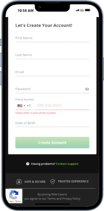 wild casino sign up form