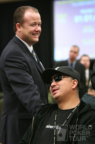 Tournament Director Jason March (left) chats with J.C. Tran on Day 1c of the WPT North American Poker Championship at the Fallsview Casino