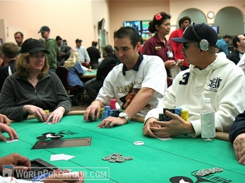 Shooting Stars Kathy Liebert (left) and J.C. Tran (right) are wary of chipleader Brandon Cantu (center) on Day 1a of the WPT Bay 101 Shooting Star Tournament