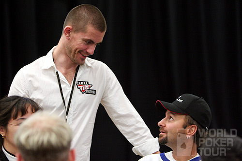 Gus Hansen (standing) talks to Daniel Negreanu on Day 1c of the WPT North American Poker Championship at the Fallsview Casino