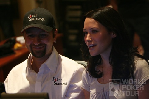 The WPT's Kimberly Lansing (right) interviews Daniel Negreanu during a break on Day 2 of the WPT Doyle Brunson Five Diamond World Poker Classic