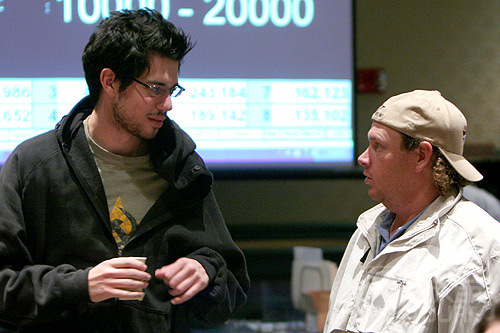 Gavin Smith (right) stops by the tournament to check on Season IV WPT Foxwoods champion Nick Schulman on Day 4 of the WPT Foxwoods World Poker Finals